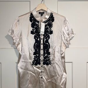 Bebe Cream and Black Embellished Stretch Silk Blouse with Mandarin Collar